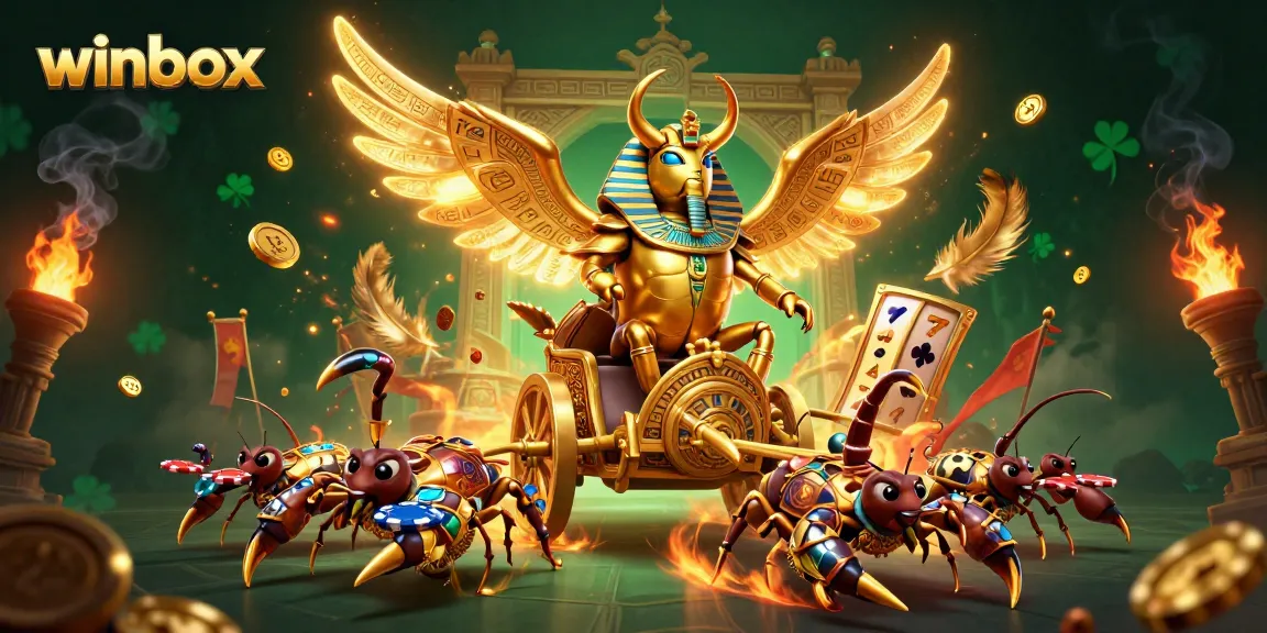 Experience winbox excitement with a golden scarab beetle, chariot, and poker chips in a dynamic casino scene.