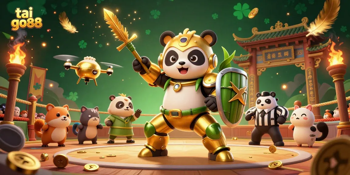 Visualize the tai go88 experience with dynamic 3D illustration of a golden panda in a mech-suit battling in a vibrant gambling arena.