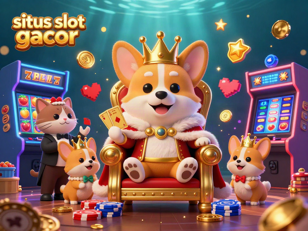 Engage with situs slot gacor through a vibrant 3D casino scene featuring royal corgis, slot reels, and arcade elements.
