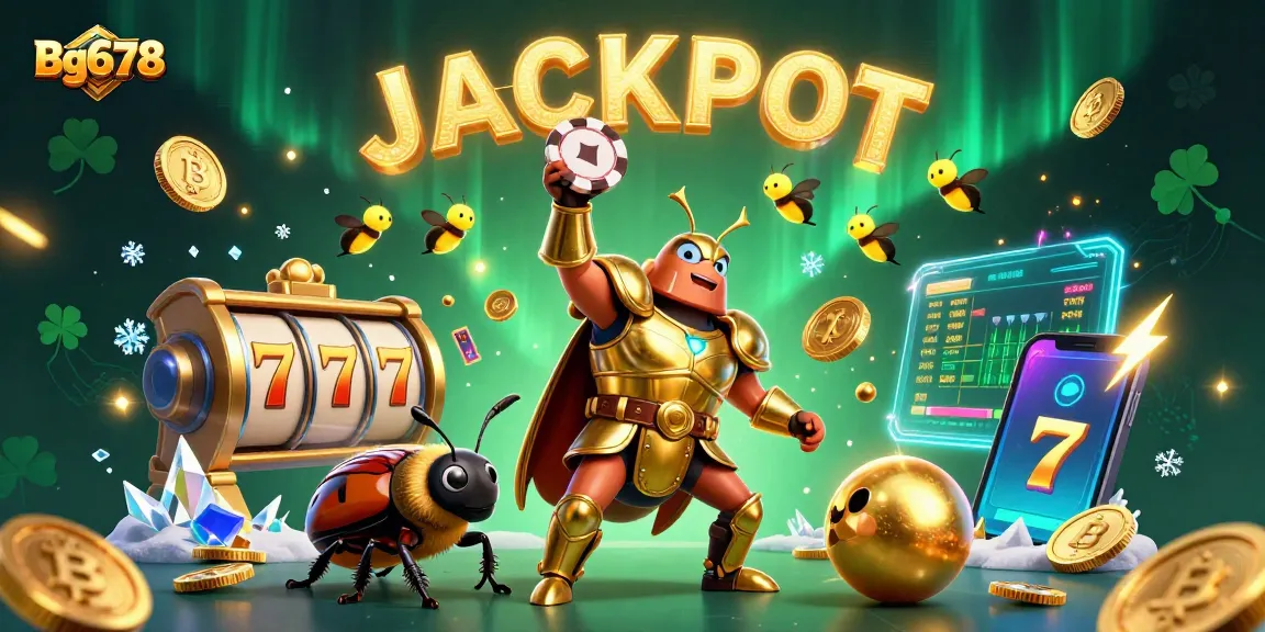 Engage in thrilling gameplay with Bg678 as a heroic beetle and sidekick celebrate a jackpot win among vibrant casino elements.