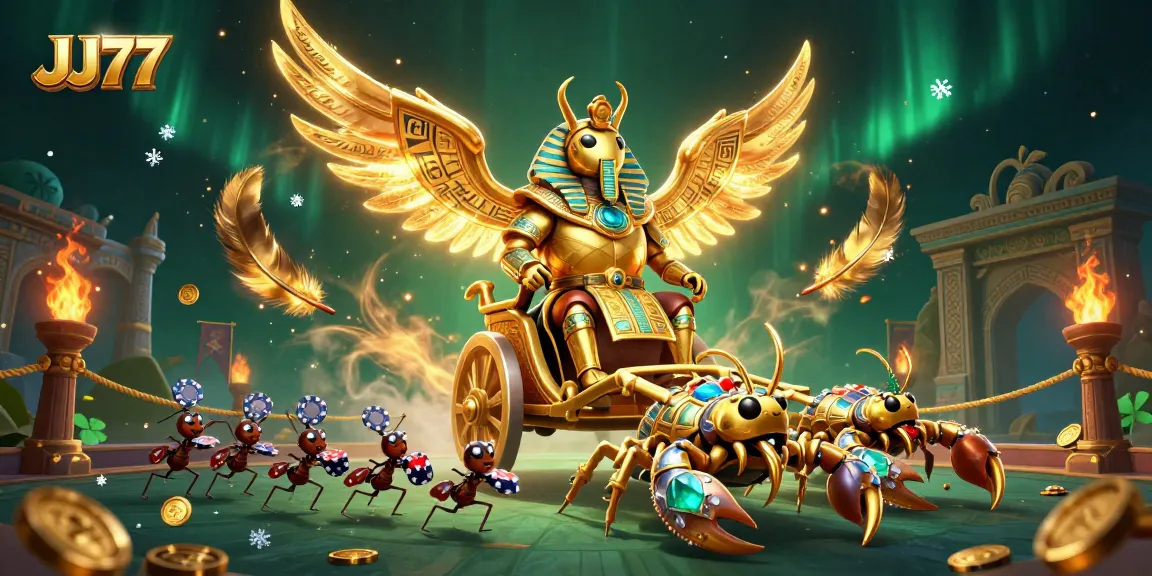 Experience the thrill of JJ77 with a vibrant 3D scene showcasing unique casino elements in an energetic atmosphere.