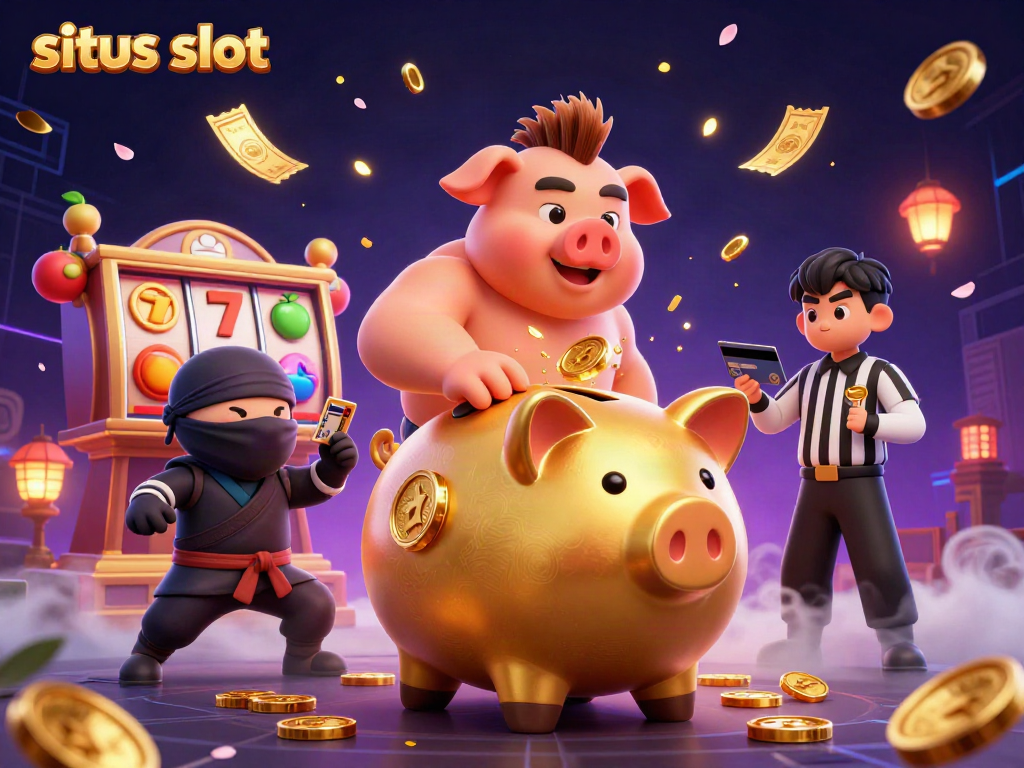 Experience the thrill of situs slot with dynamic visuals featuring a sumo wrestler, ninja, and samurai in an exciting casino scene.