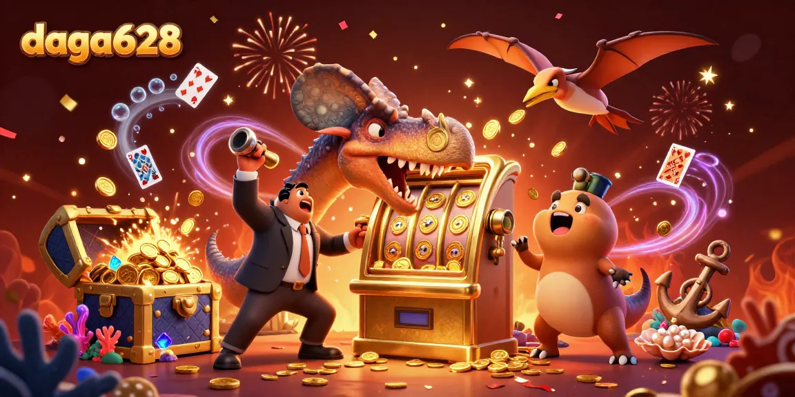 daga628 showcases a dynamic scene of a pachycephalosaurus celebrating a jackpot at a casino, enveloped by coins and treasures.