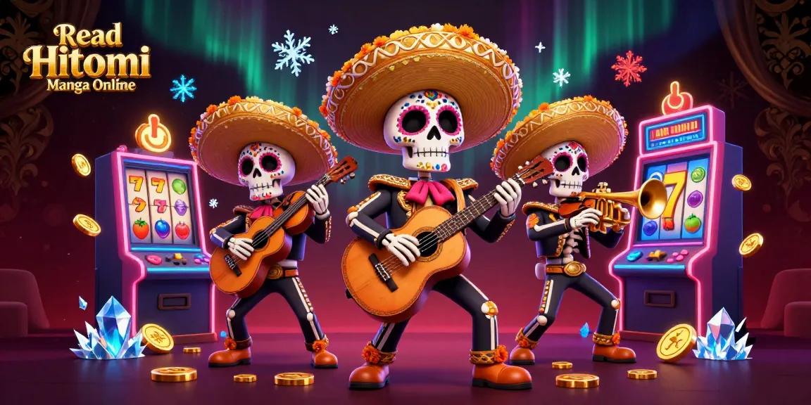 Experience thrilling slots with the vibrant scene showcasing the band and casino elements promoting Read Hitomi Manga Online.