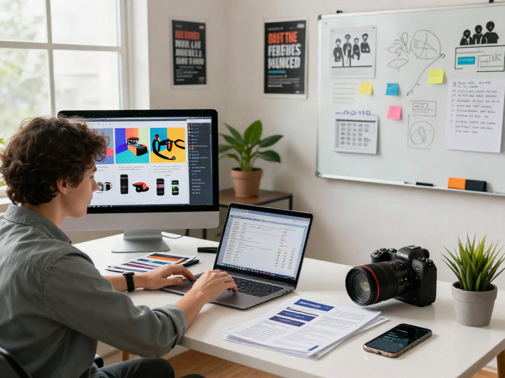 Entrepreneur analyzing e-commerce insights with bro138 data on a laptop in a modern workspace.