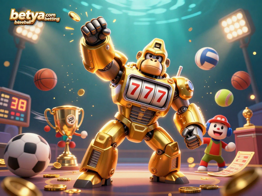 Engage in betya.com baseball betting with dynamic 3D illustration of a golden gorilla mech and sports elements.