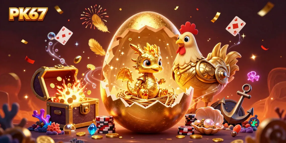 Immerse in a vibrant PK67 casino scene with a golden dragon and poker chips.