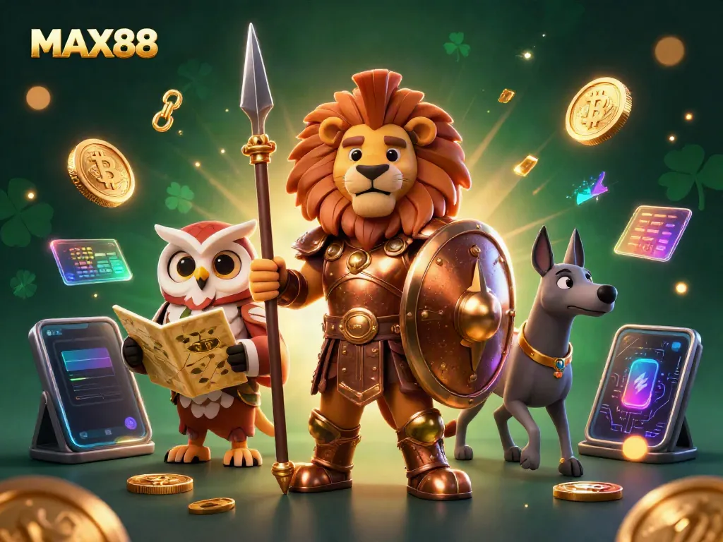 Experience thrilling gameplay with MAX88 in this dynamic casino scene featuring mythical heroes and cryptocurrencies.