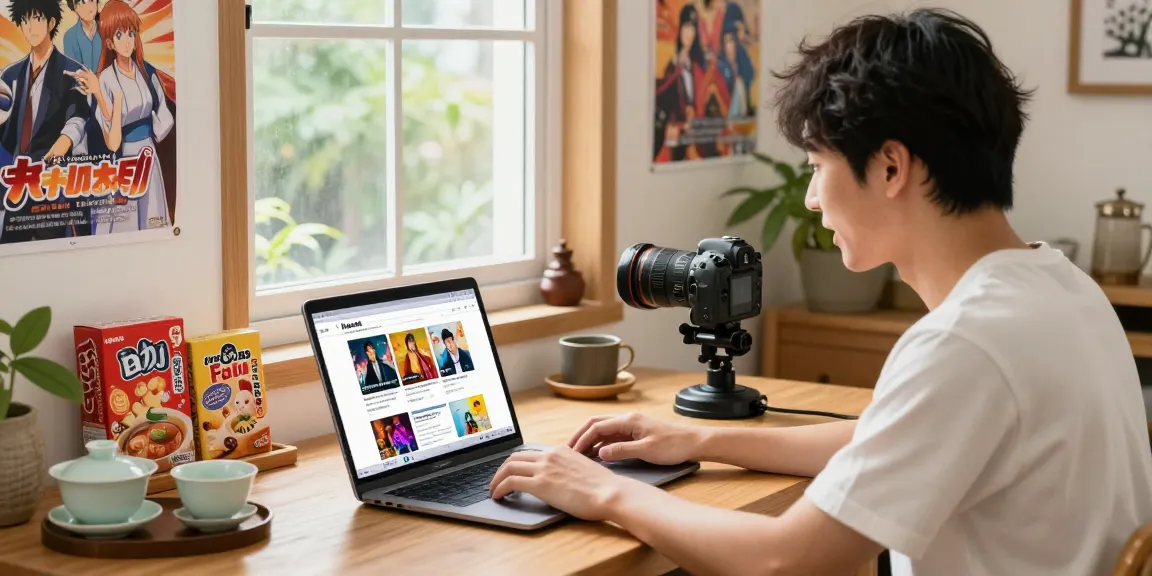 Engaging scene of content creation around Asian culture on https://hanadultalk.com, featuring vibrant decor and a creative workspace.