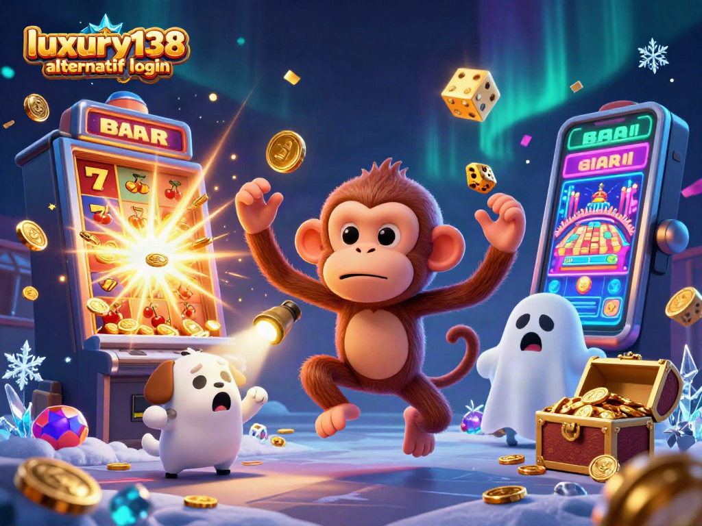 Visual kasino yang menampilkan luxury138 alternatif login dengan hantu, anjing, dan banyak koin emas.