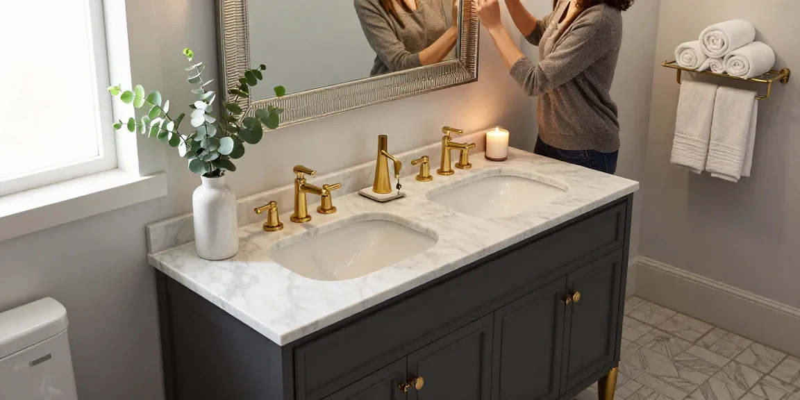 Stylish bathroom vanity with modern double sinks and elegant decor elements.