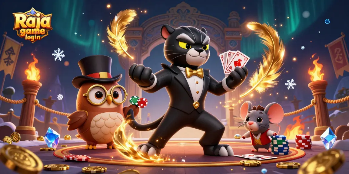 Play your best hand with Raja game login in this lively 3D casino illustration.