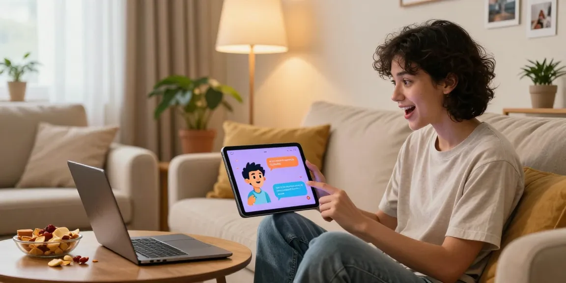 Spicy AI chat user engaged in lively conversation in a cozy home setup, showcasing vibrant interface and playful expressions.