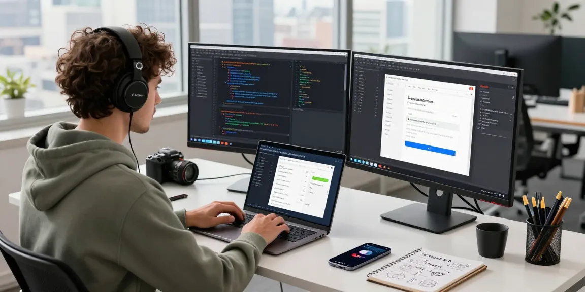 Developer at digital workspace refining features for teiegramin.com in a modern office.