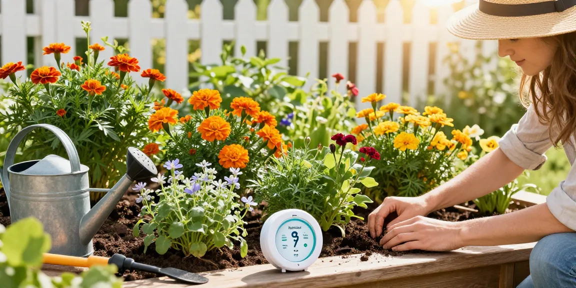 Effortlessly watering garden with the RainPoint WiFi water timer in a blooming home garden.