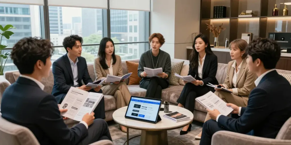 단밤오피의 강남오피 서비스에 대해 논의하는 사람들, 강남구의 세련된 사무실 인테리어.
