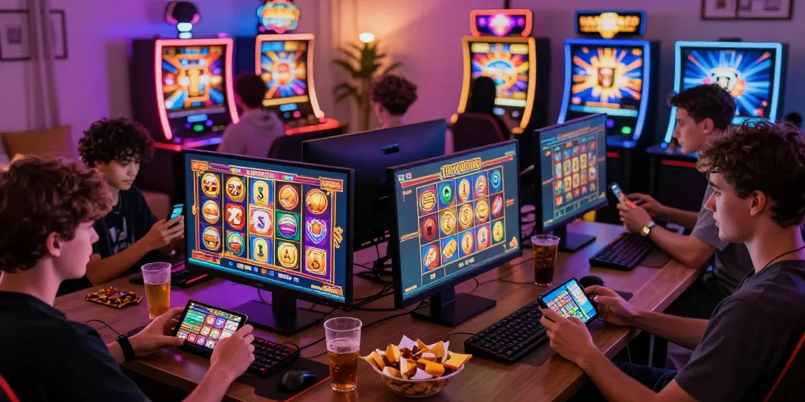 Slot depo 5k gaming scene with players enjoying colorful online slots and eSports in a lively atmosphere.