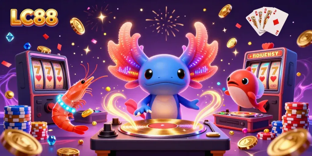 LC88 axolotl DJ spins golden records among vibrant casino elements and colorful characters.
