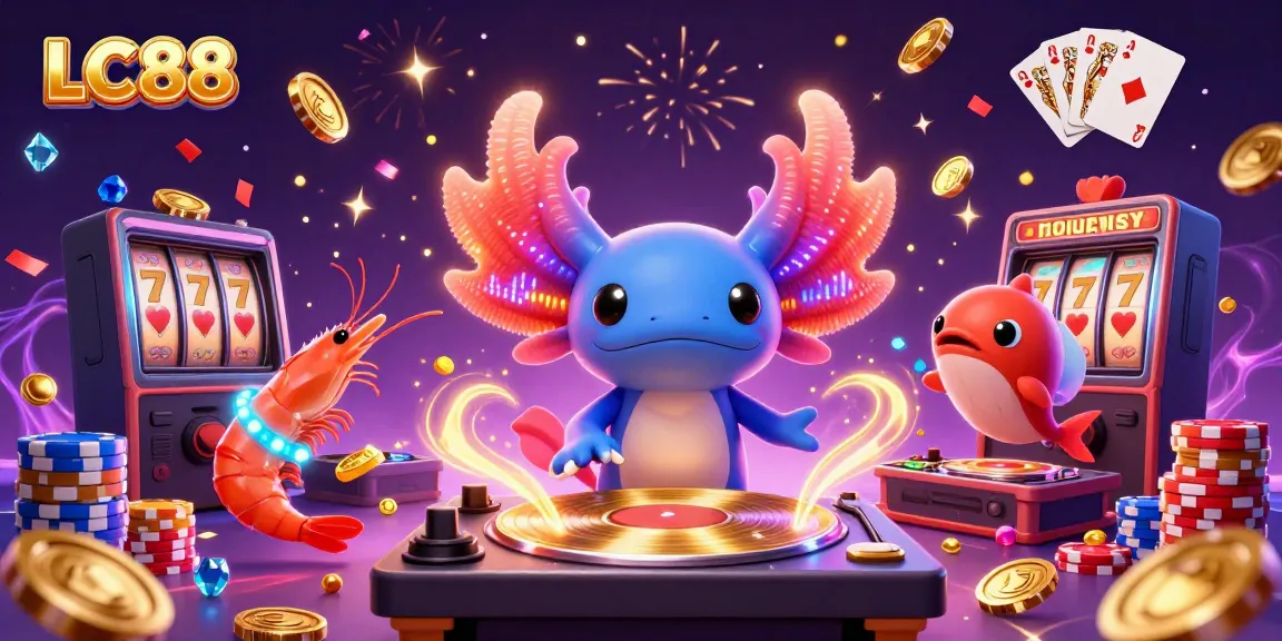 LC88 axolotl DJ spins golden records among vibrant casino elements and colorful characters.
