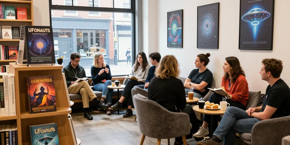 Explore T Allen Greenfield's UFOnauts at https://tallengreenfield.com in a vibrant urban bookshop discussing spirituality.