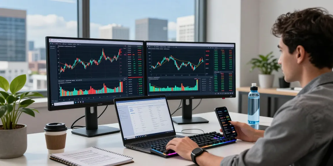 SPY stock analysis in a modern trading workspace with cryptocurrency and blockchain technology displays