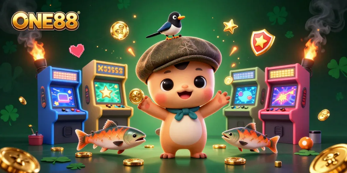 ONE88 showcases a vibrant casino scene with cartoon characters engaging in exciting gaming adventures.