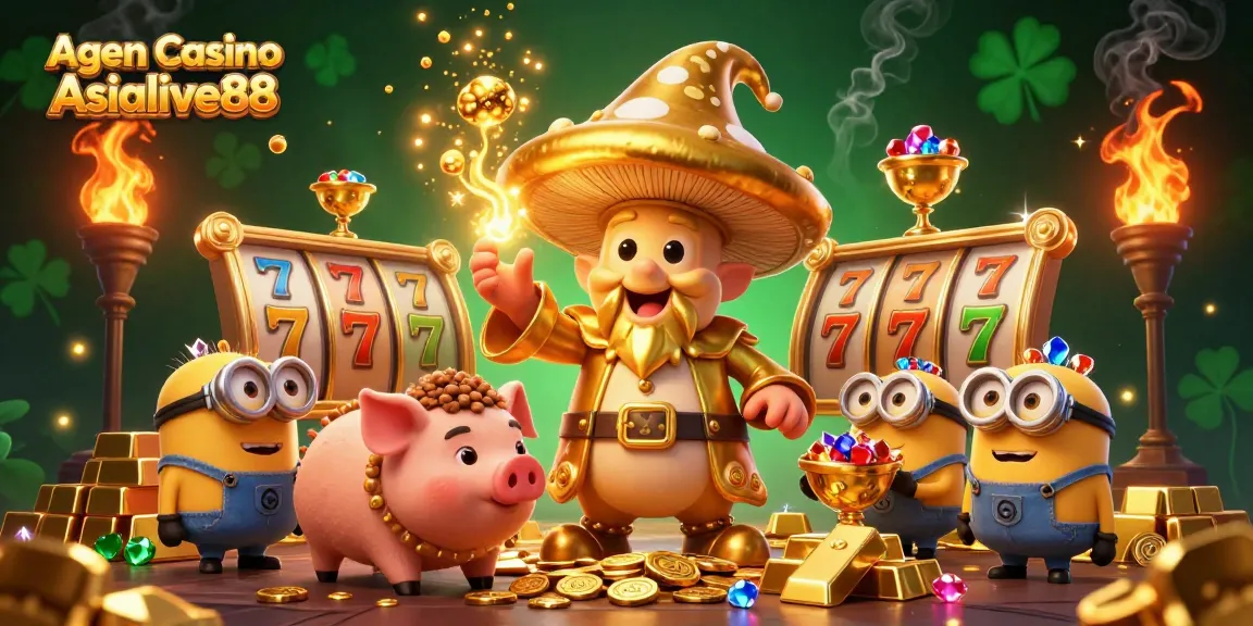Agen Casino Asialive88 offers an exciting scene of a golden mushroom wizard with treasures for players seeking jackpots.