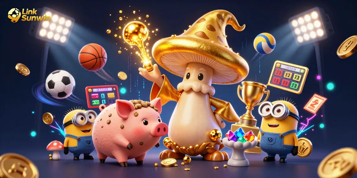 Engage with Link Sunwin as the golden mushroom wizard channels magic in an energetic casino scene.
