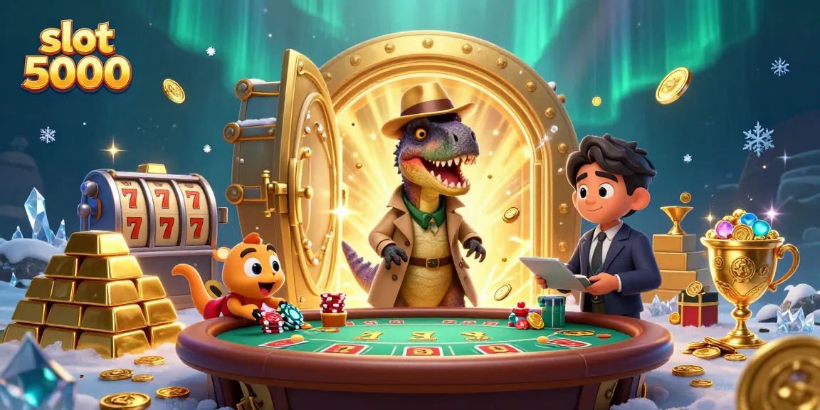 Winning big at slot 5000 with vivid treasures and playful characters in a thrilling casino scene.