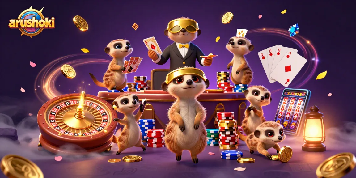 ARUSHOKI menghadirkan suasana kasino yang dinamis dengan meerkat sebagai dealer dan pit boss.