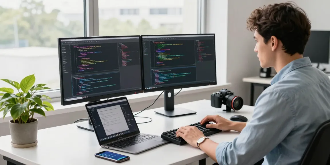 纸飞机中文版 app showcased on a developer's dual monitor setup in a modern tech workspace, illustrating the coding environment.