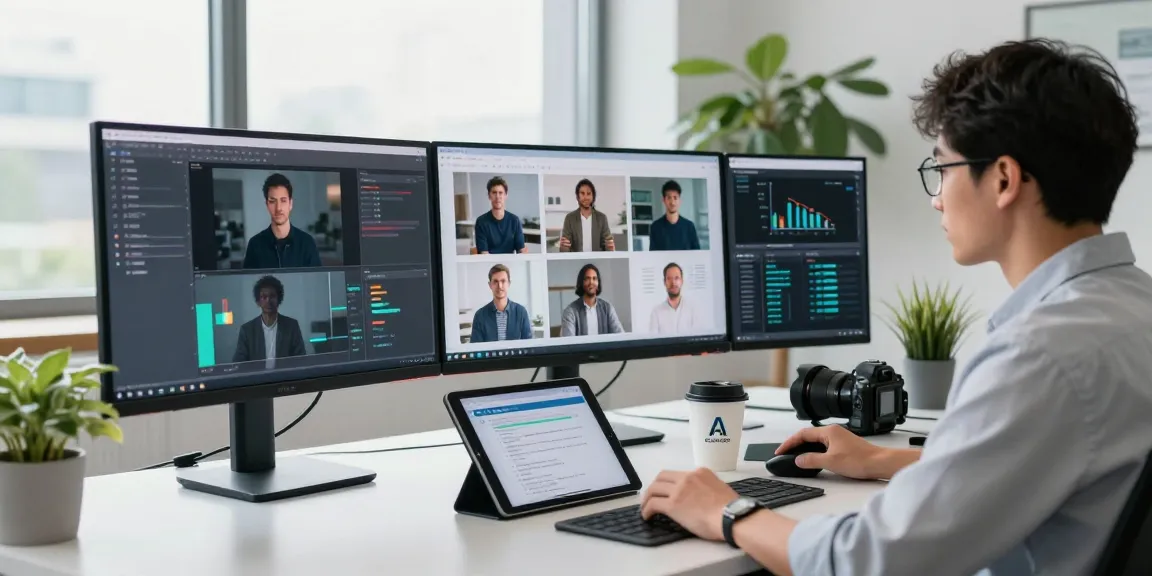 AI image detector tool used by a data scientist to analyze images, showcasing a modern workspace with multiple screens and technical documents.
