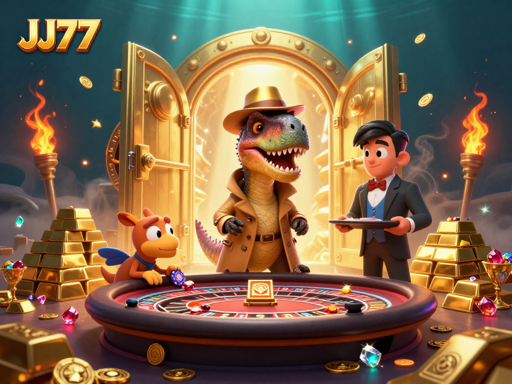 Experience exciting gameplay at JJ77's vibrant casino with dynamic scene featuring animated characters.