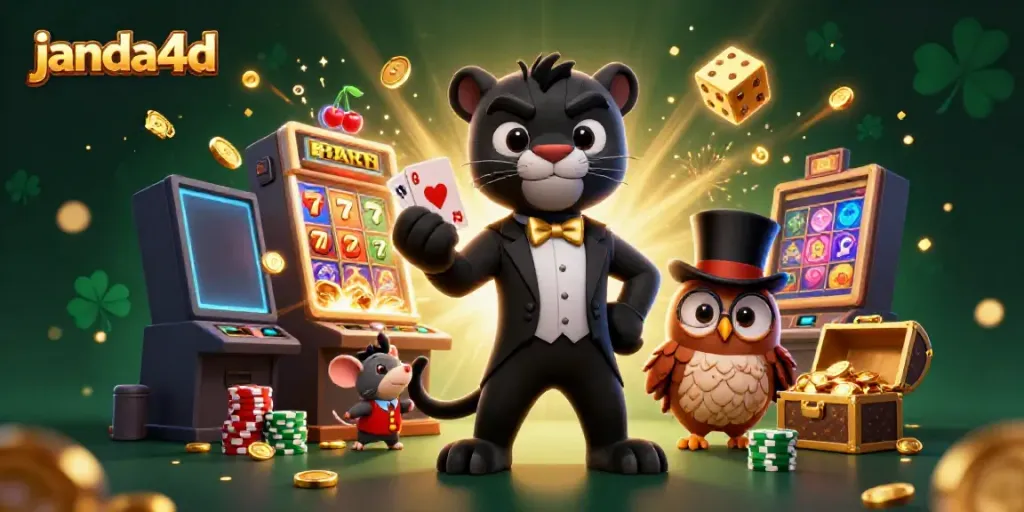 Gelanggang mesin slot janda4d yang memukau dengan kartun panther, burung hantu, dan tikus keberuntungan.