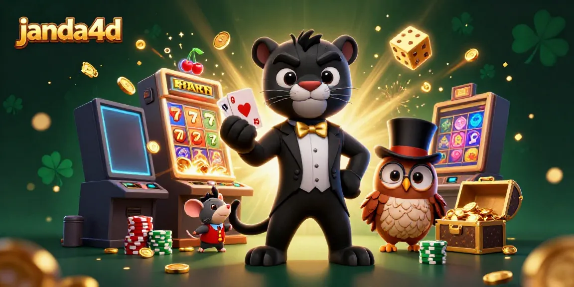 Gelanggang mesin slot janda4d yang memukau dengan kartun panther, burung hantu, dan tikus keberuntungan.