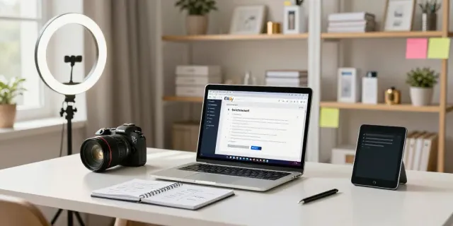 AI generated eBay product descriptions workspace with a seller preparing for listings