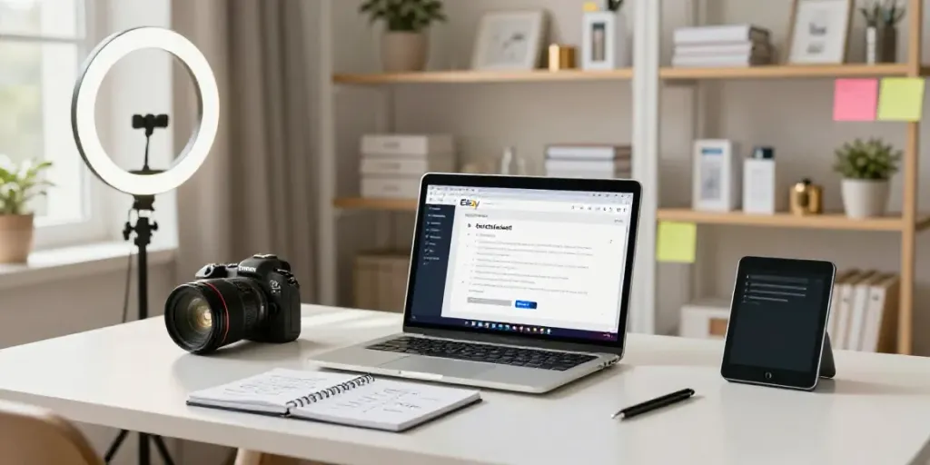 AI generated eBay product descriptions workspace with a seller preparing for listings