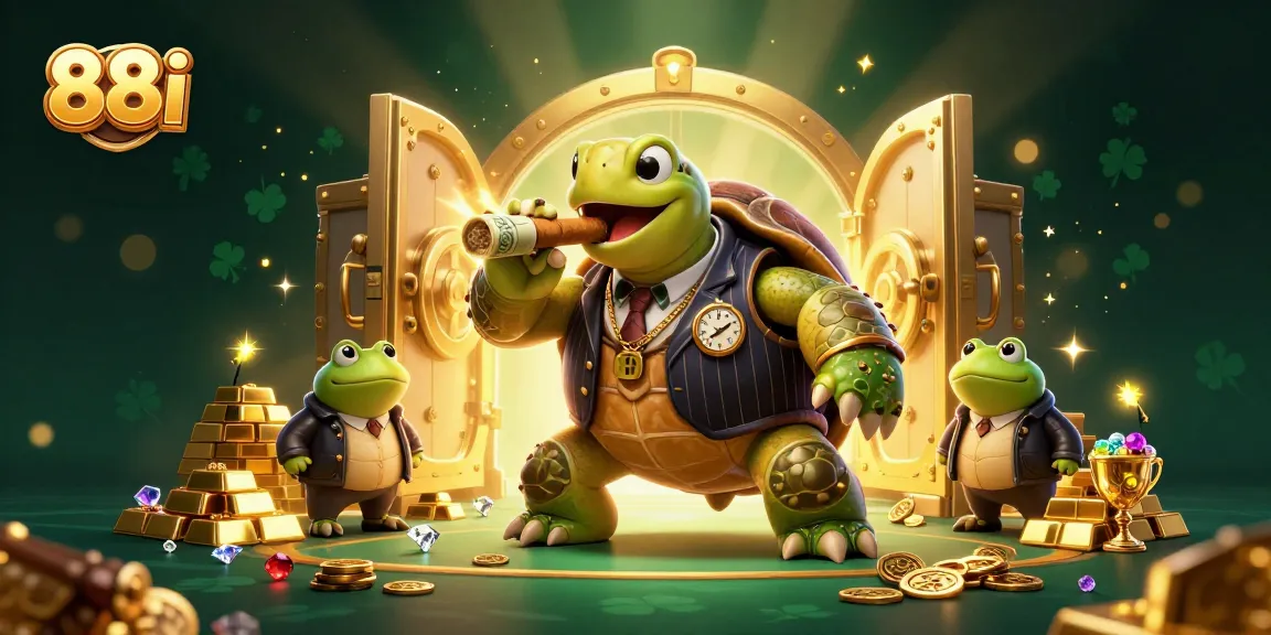 88i casino illustration featuring a snapping turtle in a mobster suit with gold and gems around
