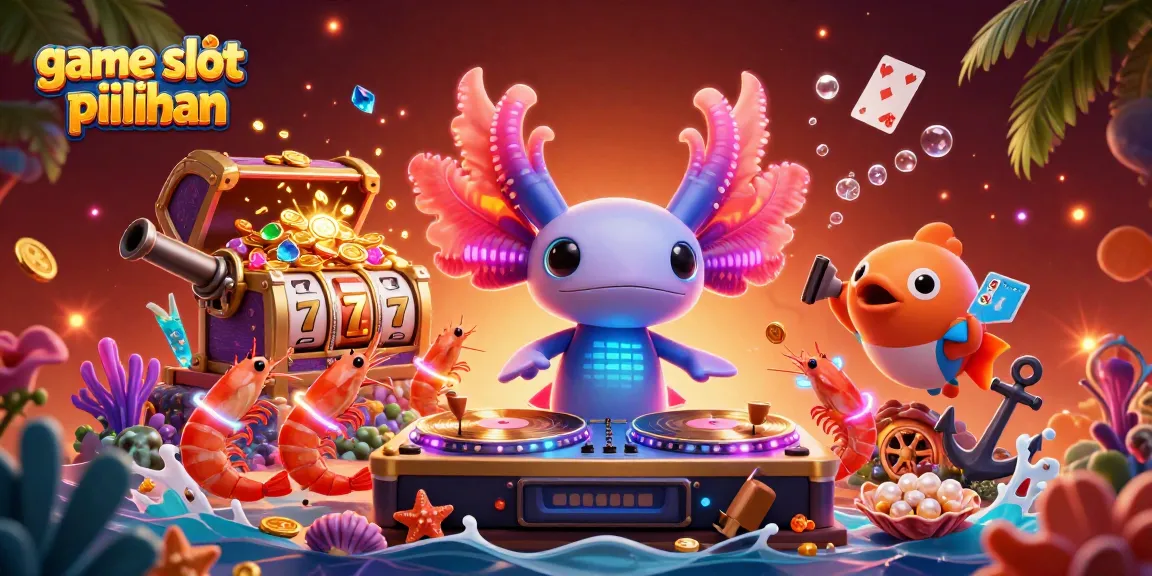 Gambarkan slot gacor pilihan dengan DJ axolotl neon di bawah laut yang dikelilingi karakter lucu.