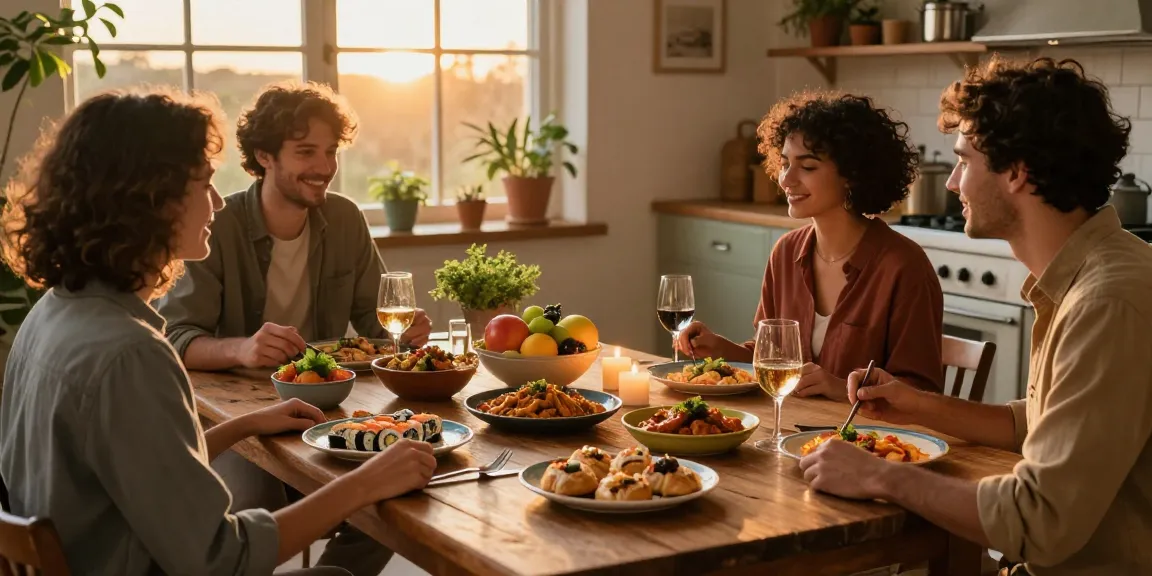 Friends enjoying a diverse homemade meal around a table at cuisines-a-flo.com during golden hour.