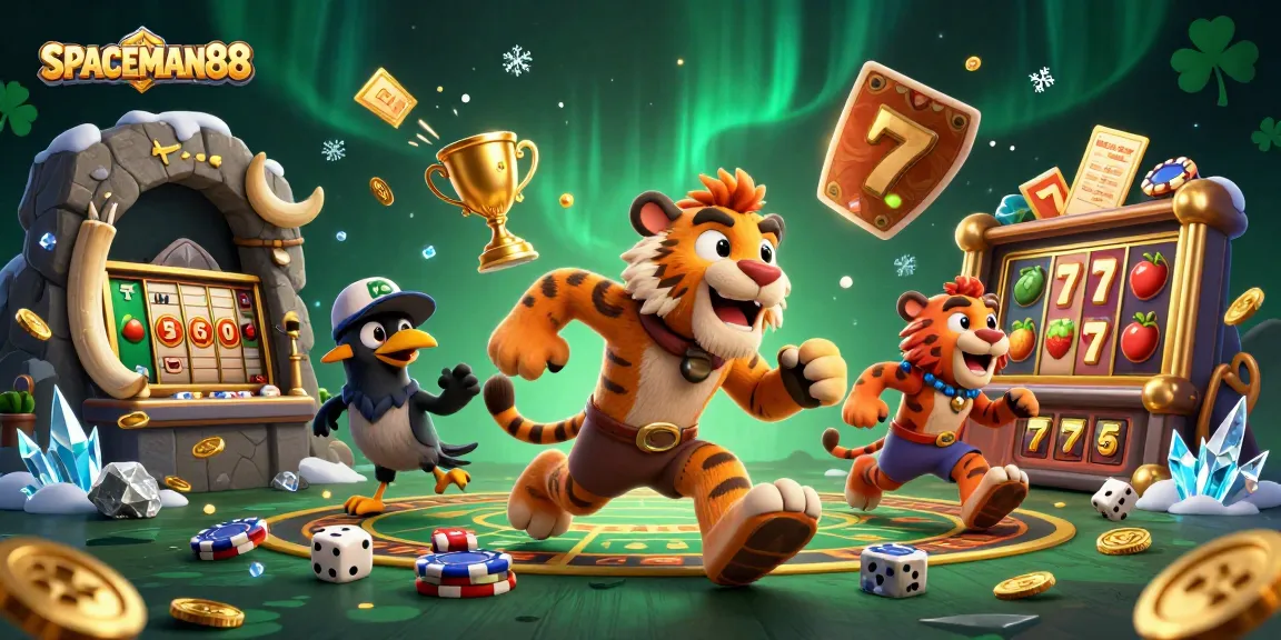 SPACEMAN88 showcases a thrilling vintage casino scene with caveman characters and dynamic slot game elements.