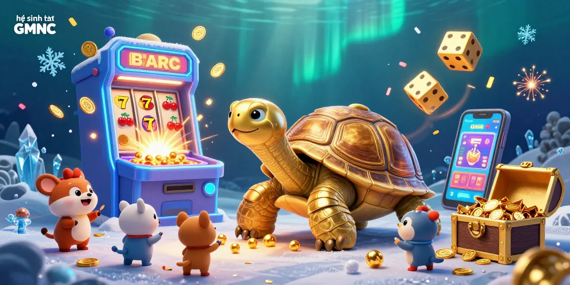 A vibrant scene depicting the hệ sinh thái GMNC with a colossal tortoise pinball machine and interactive casino elements.