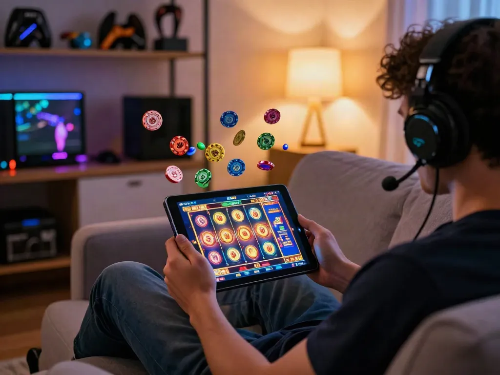 Engaging slot gaming session at home with colorful graphics and digital tokens.