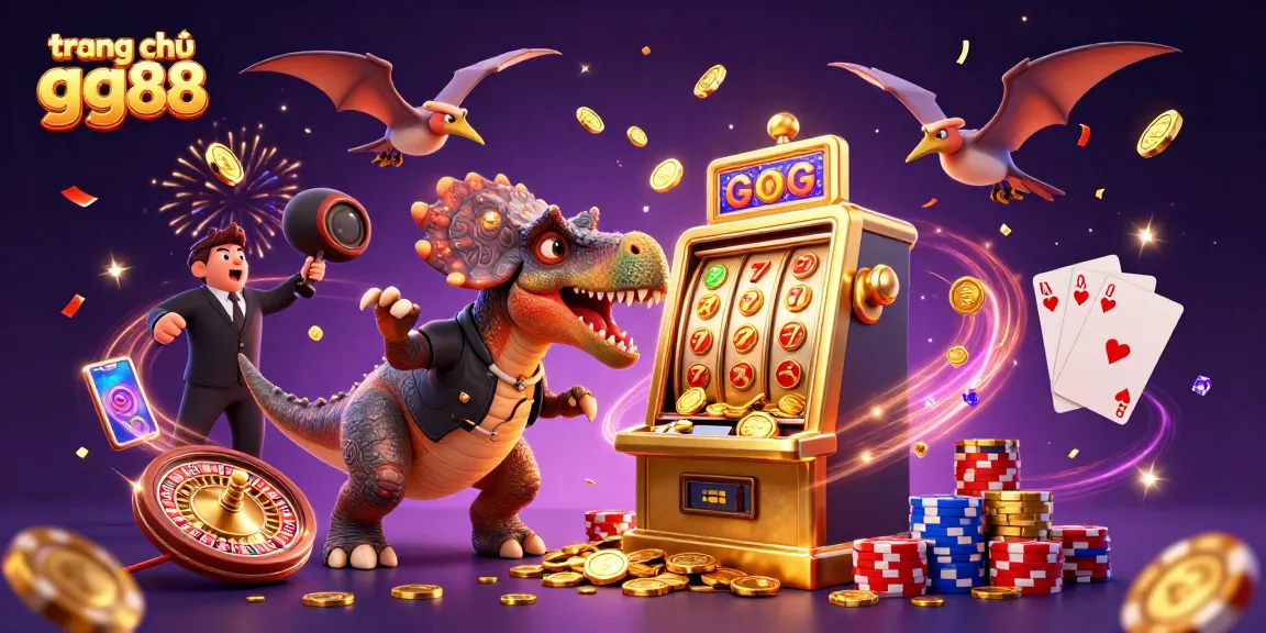 Experience an exhilarating jackpot payout at trang chủ gg88, where a pachycephalosaurus celebrates amidst golden coins and vibrant casino elements.
