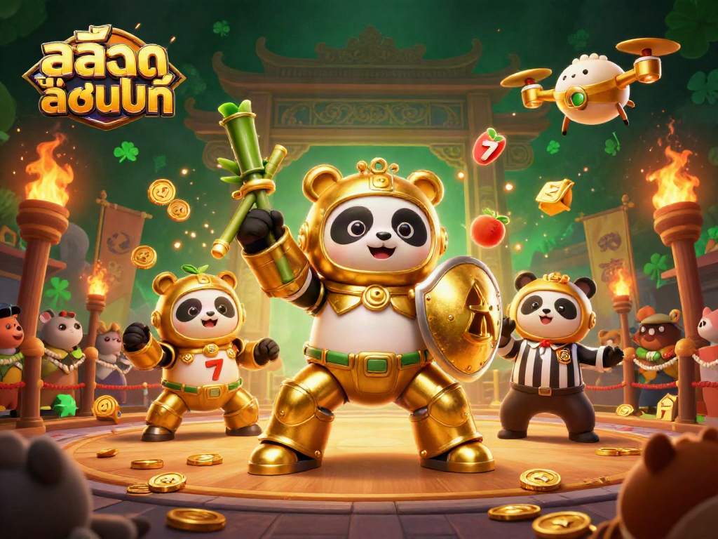 Experience excitement with สล็อตออนไลน์ in a thrilling 3D cartoon scene featuring a golden panda and dynamic casino elements.