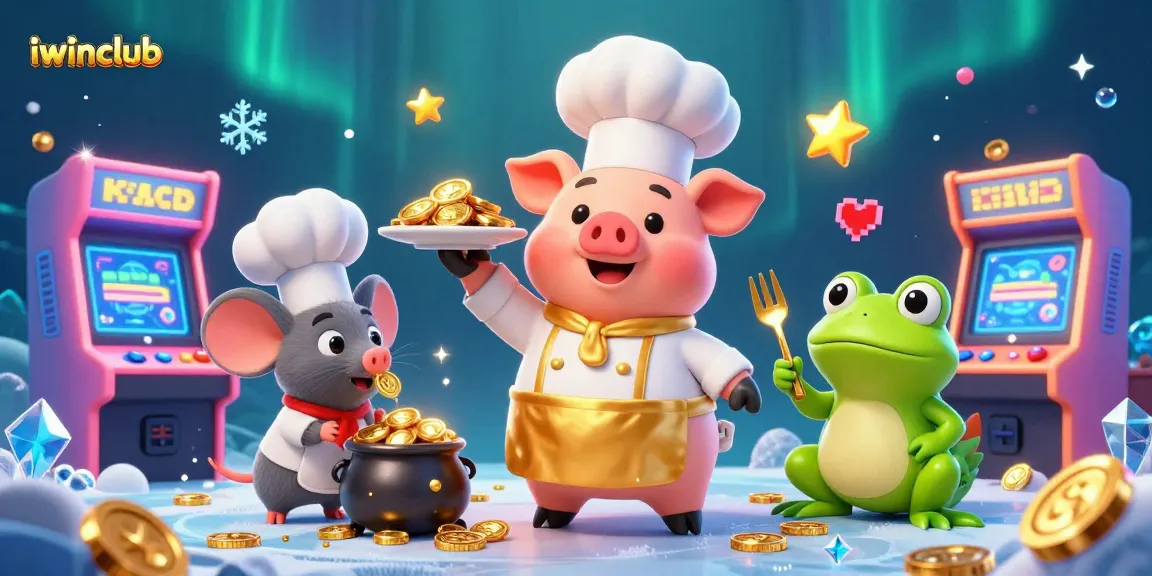 Engage in thrilling gameplay adventures at iwinclub, where a vibrant cartoon chef, mouse, and frog celebrate gaming success amidst glittering gold coins and arcade machines.