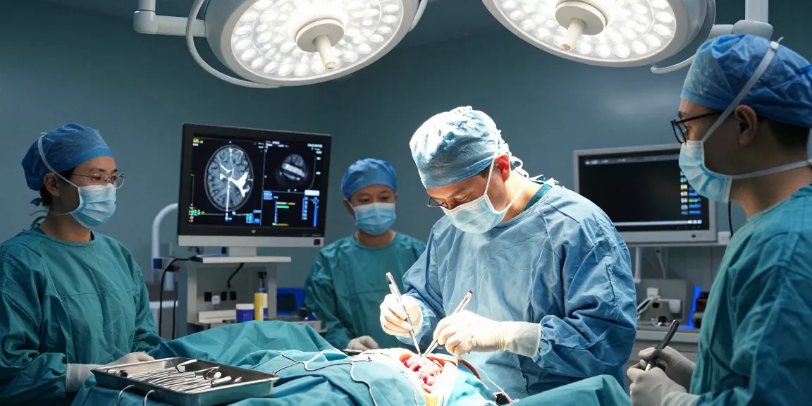 Neurosurgeon performing a beyin ameliyatı in a modern surgical theatre with advanced technology.