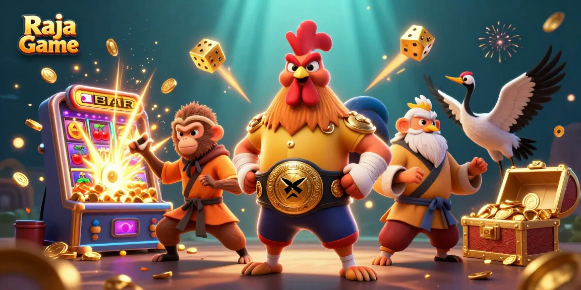 Play thrilling games on Raja Game with an exciting 3D illustration featuring vibrant characters and dynamic casino elements.