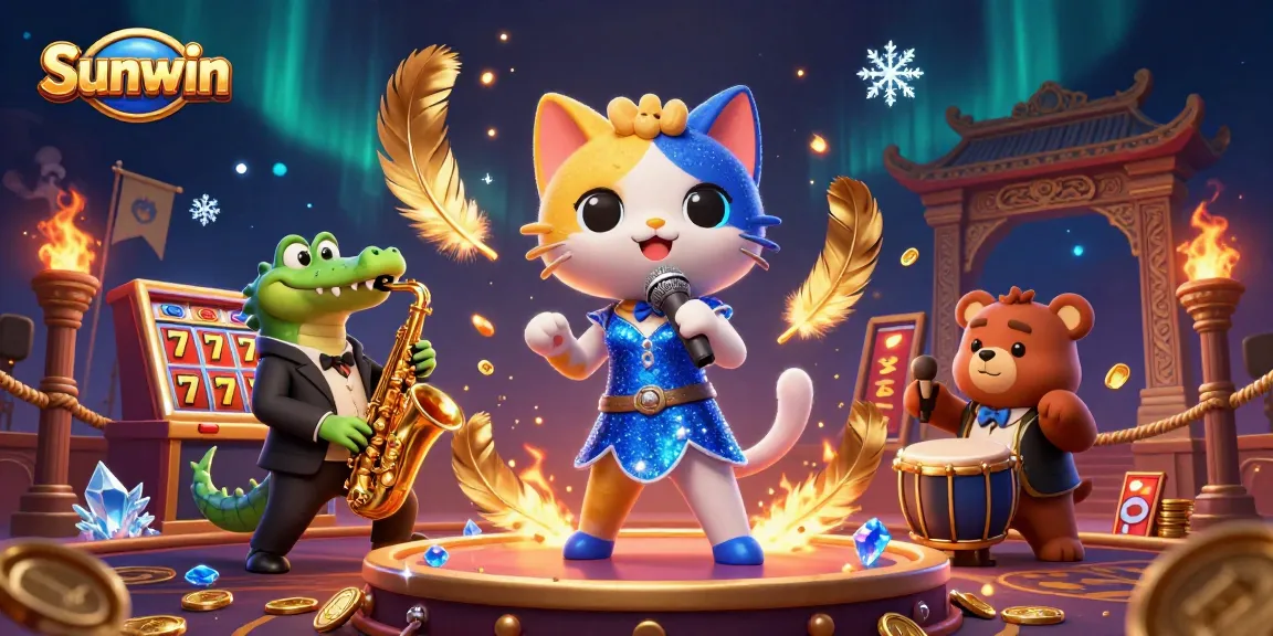 Experience winning moments at Sunwin with thrilling slot games and cartoon characters performing on stage.