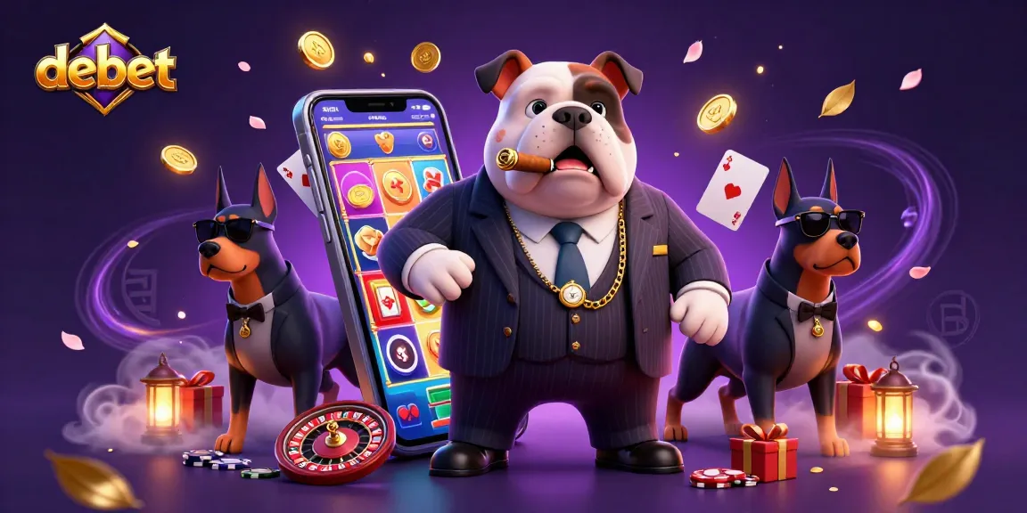 Engage with debet's premium gaming experience featuring a mafia boss bulldog amidst vibrant casino elements.